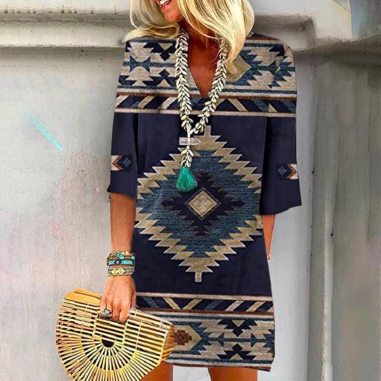 Women's Loose V-Neck Printed Short Sleeve Dress - Trendha