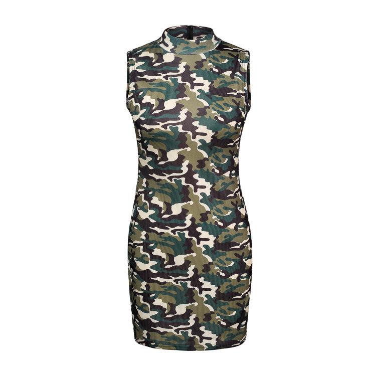 Sexy Sleeveless Zipper Printed High Neck Tight Dress - Trendha