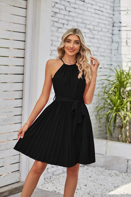 Halter Strapless Dresses For Women Solid Pleated Skirt Summer Beach Sundress - Trendha