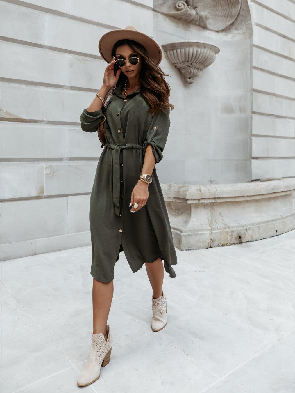 Round sleeve V-neck Button Waist lace up dress - Trendha