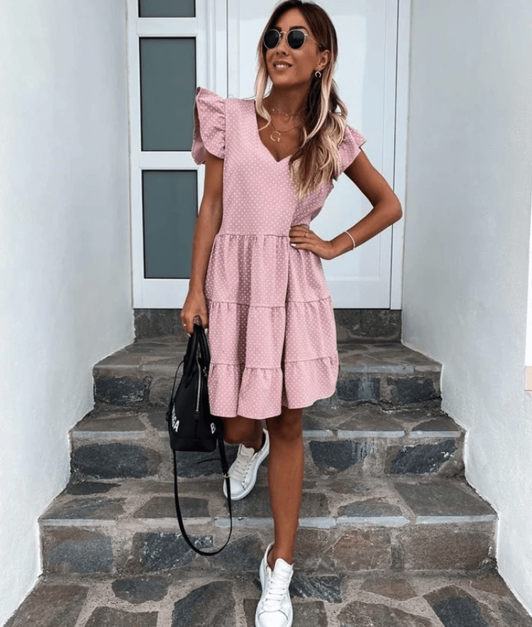 Digital print V-neck ruffled dress - Trendha