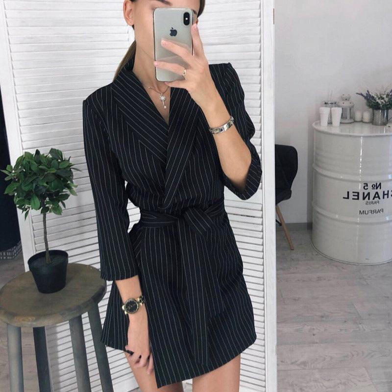 Women's solid color suit collar belt temperament short dress - Trendha