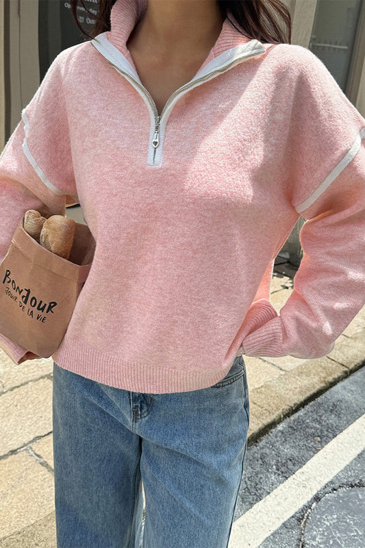 Casual Zip Front Long Sleeve Sweater