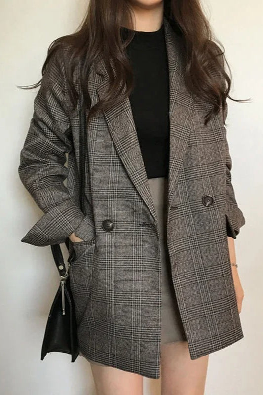 Plaid Double-Breasted Long Blazer