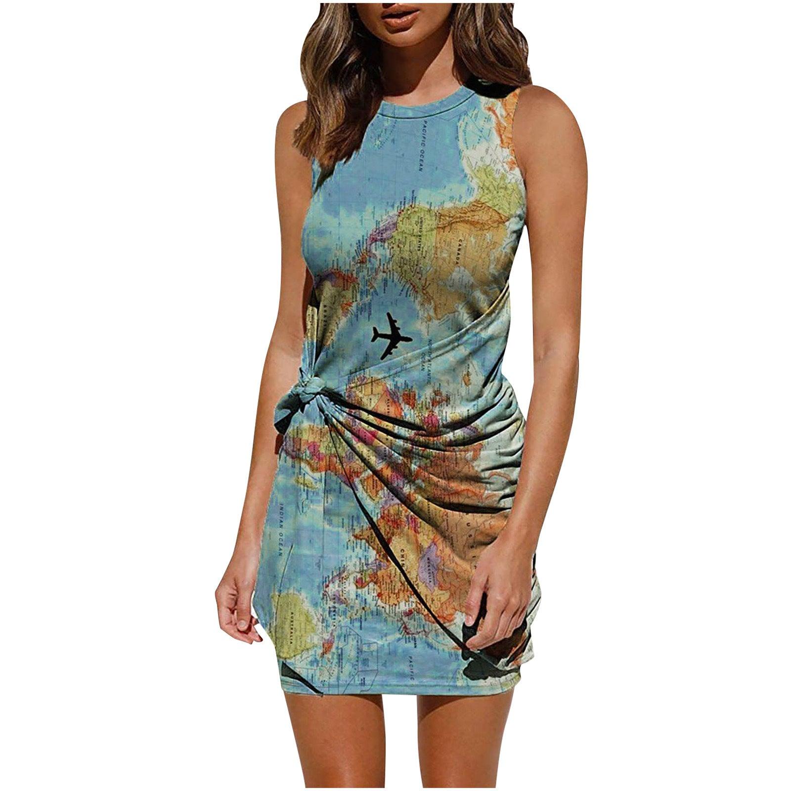 Sleeveless Round Neck Wrapped Hip Body Printed Dress - Trendha