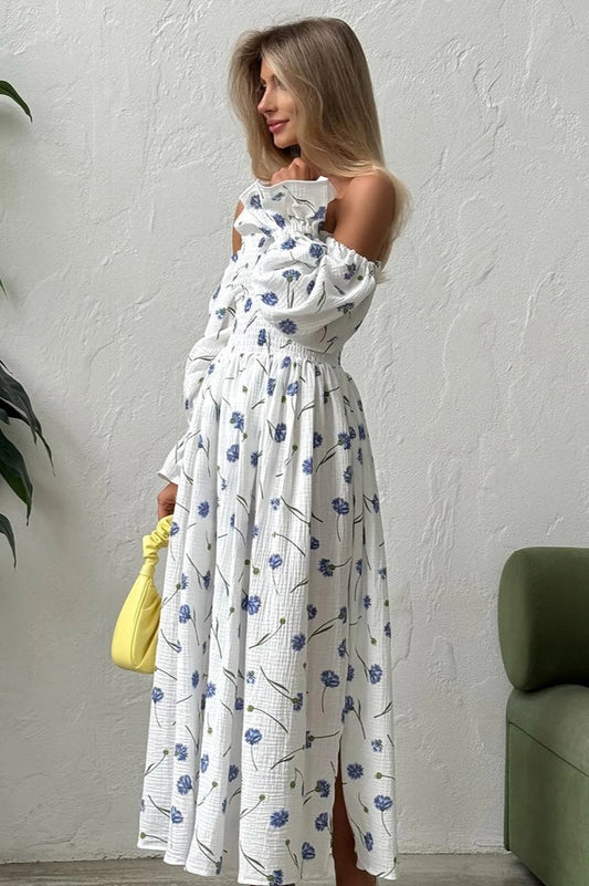 Vintage Ruffle Midi Side Slit Floral Dress