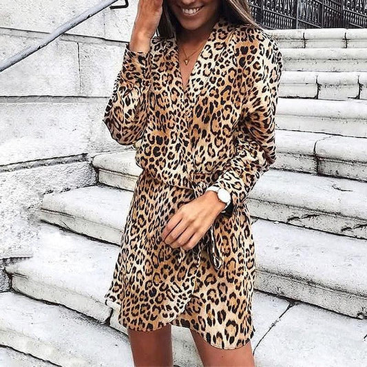 Leopard Print Long Sleeve V-Neck Irregular Dress - Trendha