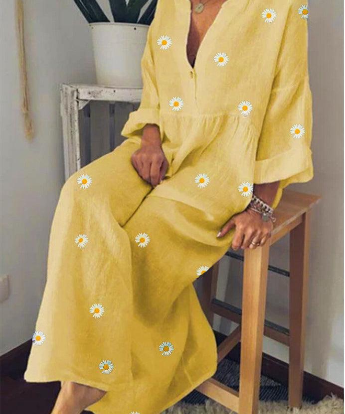 Daisy Print Long Sleeve Loose Dress - Trendha