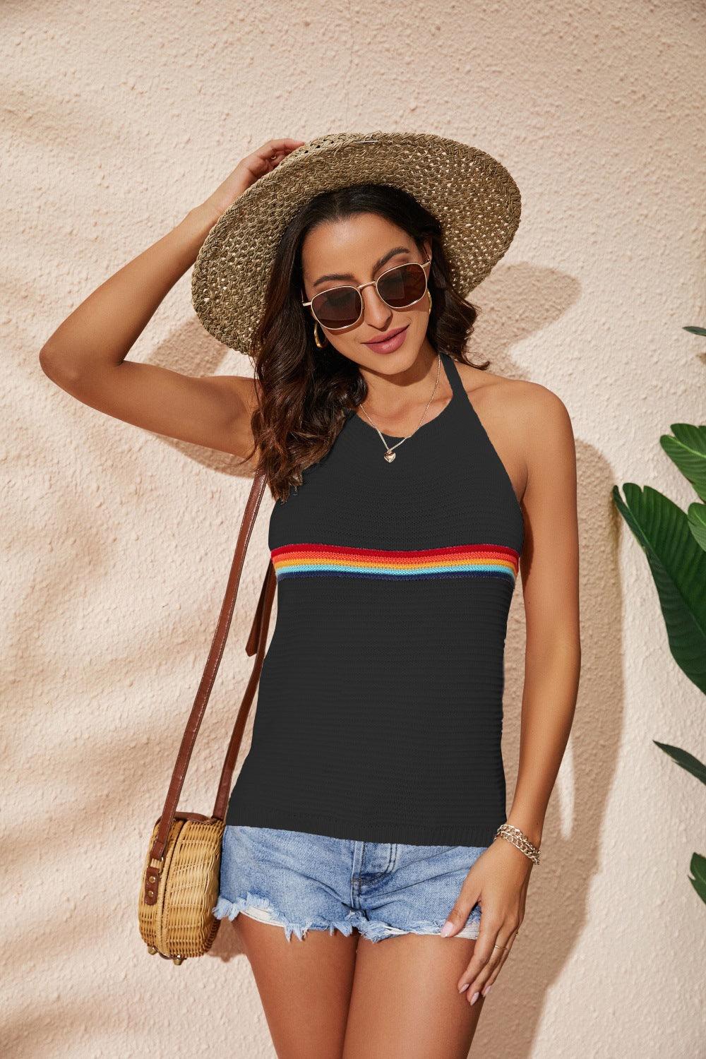 Women's Clothing Rainbow Color-blocking Halter Top Fashion Backless Knitted Lace-up Vest - Trendha