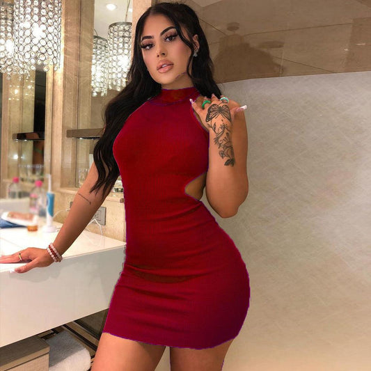 Women's High Neck Hollow Wrapped Breastless Back Mid Waist Pack Hip Dress - Trendha