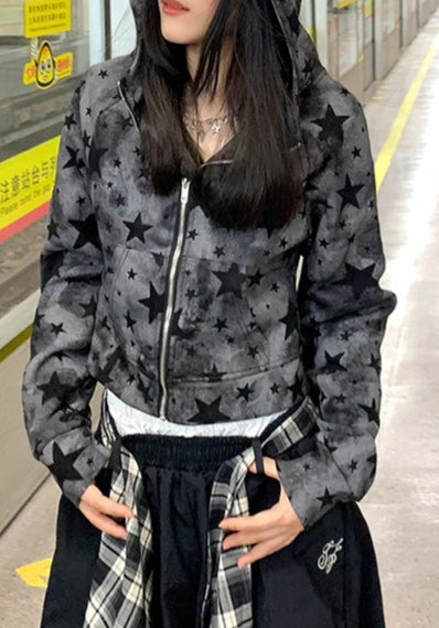 Street Style Star Print Zip-Up Hoodie
