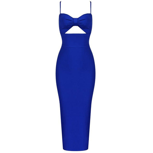 Fashion Waist Hollow Design 2021 New Sexy Solid Color V-Neck Halter Celebrity Party Club Bandage Long Dress - Trendha