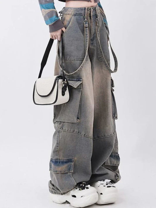 Women Y2k Vintage Waist Wide Leg Denim Trousers Streetwear Casual Pockets Pants