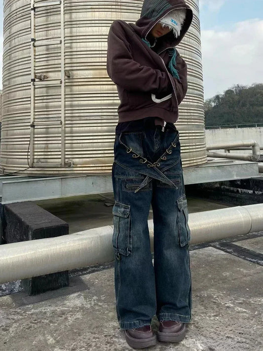 Waist Cargo Jeans Women Y2k Vintage Loose Zipper Pockets Patchwork Streetwear Pants