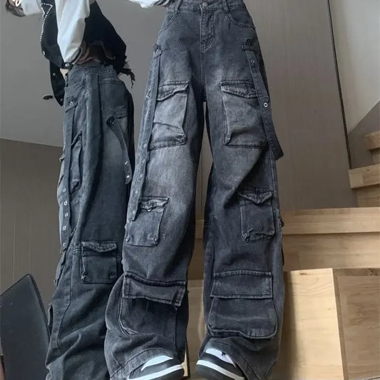 Fashion Multi-pocket Design Street Jeans Women Wide Legs Loose Washed Old Pants