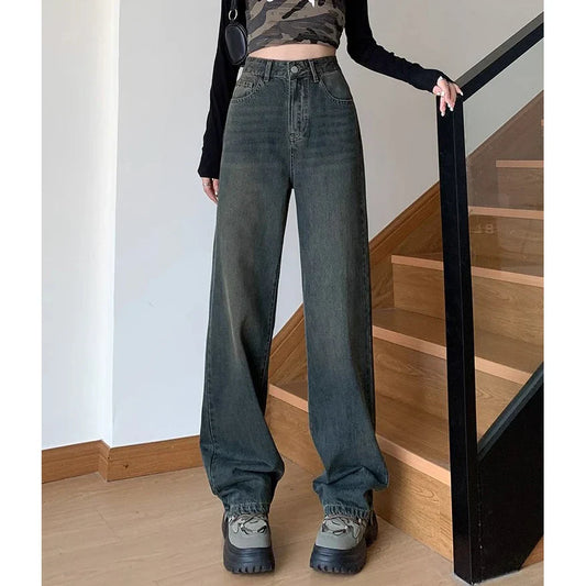 Retro Cement Wide-Leg Female 2025 New High-Waisted Thin Loose Straight Drag Jeans