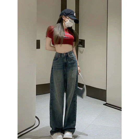Retro Cement Wide-Leg Female 2025 New High-Waisted Thin Loose Straight Drag Jeans