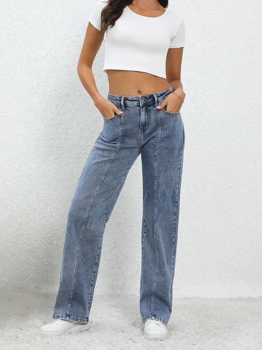 Ladies Fashion Blue Wide Leg Trousers For Women Mid Waisted Loose Casual Straight Denim Jeans