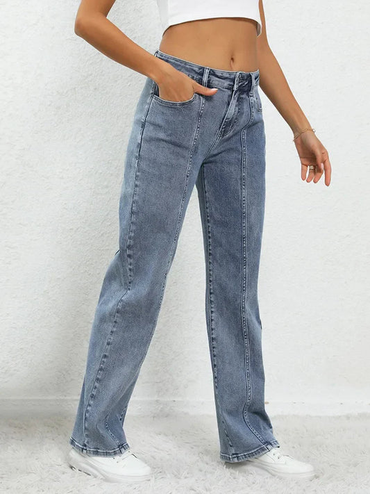 Ladies Fashion Blue Wide Leg Trousers For Women Mid Waisted Loose Casual Straight Denim Jeans