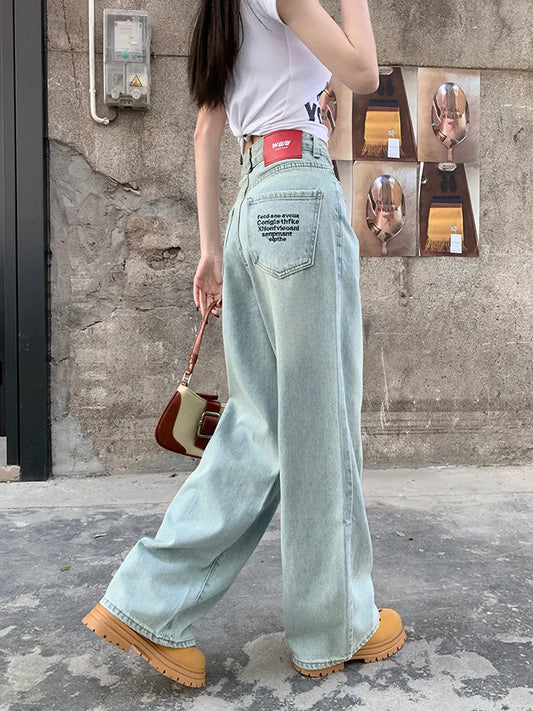 Vintage Embroidered Straight For Women 2025 Spring Streetwear High Waist Long Jeans