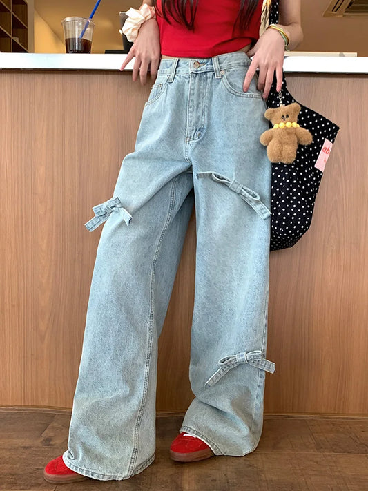 Vintage Y2k Bow Washed Baggy Streetwear Women Fashion Wide Leg Denim Jeans