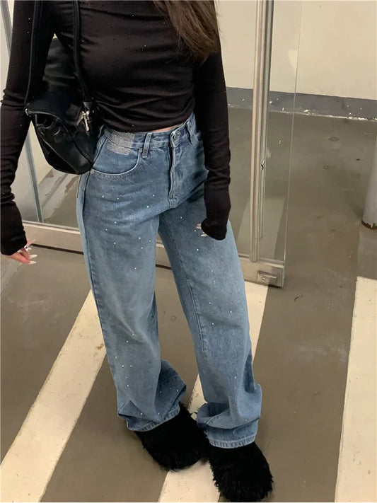 Women Streetwear Vintage Fashion Rhinestone Y2K Casual High Waist Female Straight Leg Denim Jeans