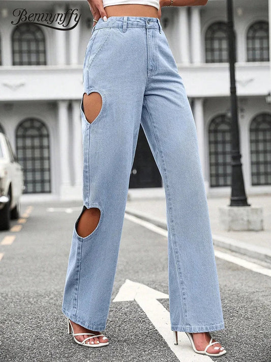 Women's Washed Hole Streetwear Loose High Waist Casual Straight Leg Denim Fashion 2025 Jeans