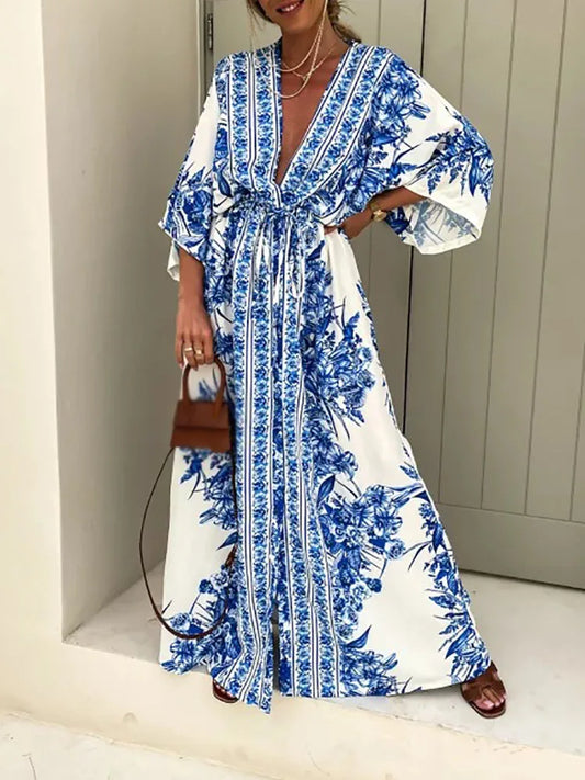 FashionSierra - 2025 Vintage Spring Pattern Print Deep V-Neck Maxi Boho Dress