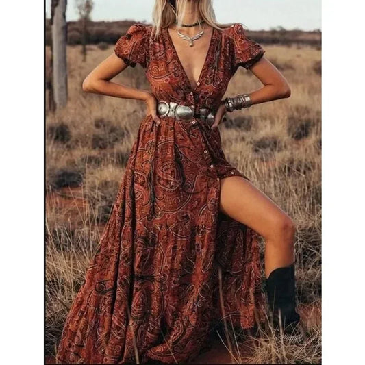 FashionSierra - 2025 Vintage Floral Print Chiffon Gypsy Hippie Boho Dress