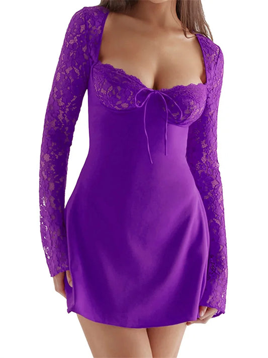 FashionSierra -Elegant Lace Floral Long Sleeve Mini Dress