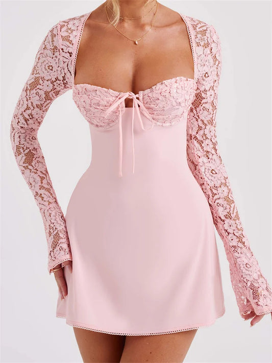 FashionSierra - Cocktail Lace Patchwork Low-cut Tie-up Mini Dress