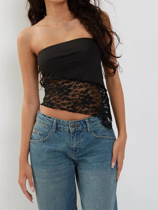 FashionSierra - 2025 Floral Patchwork Tube Top Party Clubwear Cropped Strapless Off Shoulder Irregular Hem Vest Crop Tops