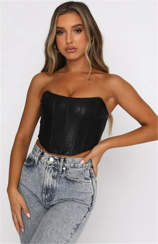 FashionSierra - 2025 PU Leather Tube Bustiers Corsets Strapless Off Shoulder Tank Vest Bodycon Slim Push Up Outwear Crop Tops