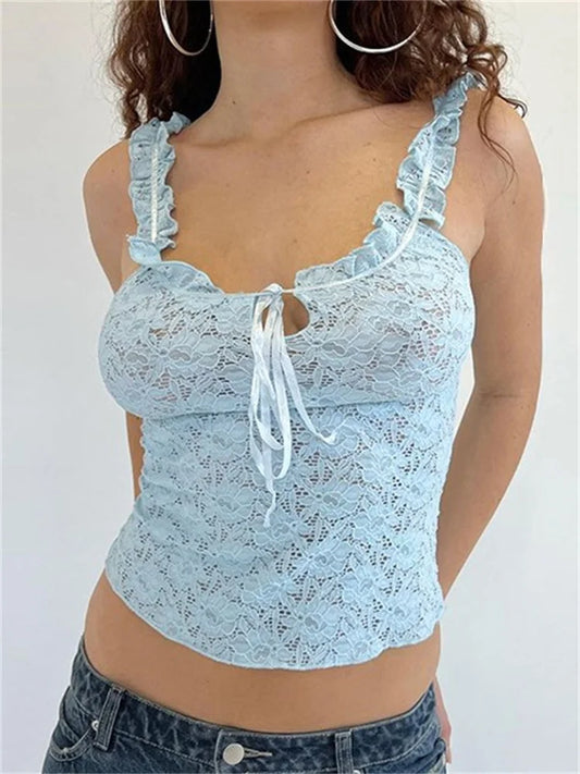 FashionSierra - 2025 Lace Floral See Through Sleeveless Camis for Women  Ruffle Strap Tie-up O-neck Slim Fit Tank Mini Vest Crop Tops