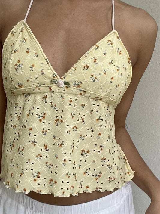 FashionSierra - 2025 Retro Lace Halter Camis Embroidery Floral Print Backless Tie-up Summer Mini Vest Crop Tops