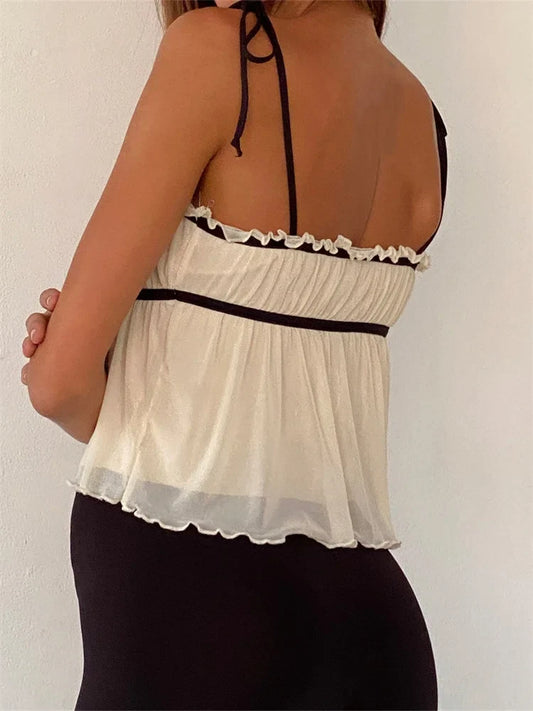 FashionSierra - 2025 Ruffles Patchwork Camis Sleeveless Tie-up Strap Tank Bow Ruched Summer Mini Vest Party Clubwear  Crop Tops