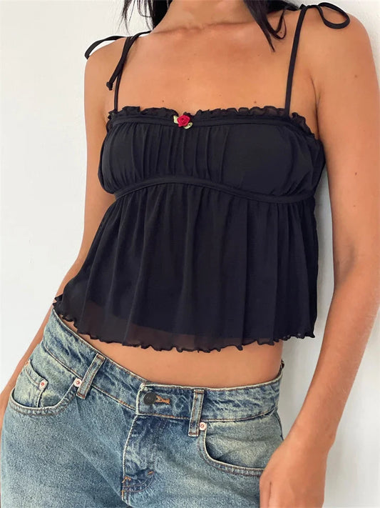 FashionSierra - 2025 Ruffles Patchwork Camis Sleeveless Tie-up Strap Tank Bow Ruched Summer Mini Vest Party Clubwear  Crop Tops