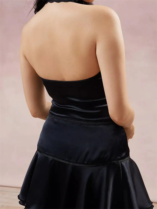 FashionSierra - 2025 Satin Halter Lace Trim Front Bowknot V-Neck Backless Party Tank  Crop Tops