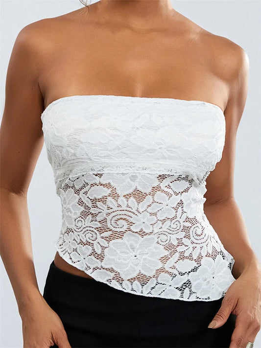 FashionSierra - 2025 Sexy Summer Fashion Tube Sleeveless Lace Floral Bustiers Irregular Hem Corsets Mini Vest  Crop Tops