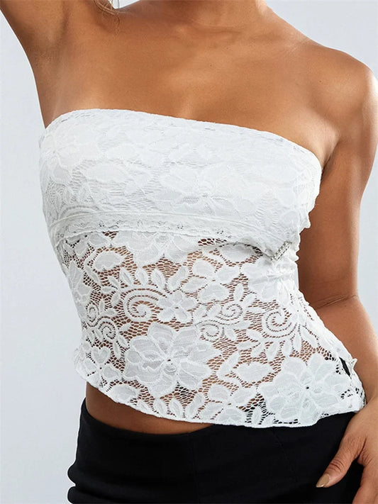 FashionSierra - 2025 Sexy Summer Fashion Tube Sleeveless Lace Floral Bustiers Irregular Hem Corsets Mini Vest  Crop Tops