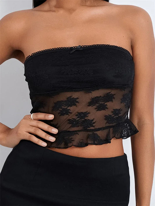 FashionSierra - 2025 Tube Lace Mesh See-Through Strapless Off Shoulder Tank Backless Floral Summer Party Mini Vest Crop Tops