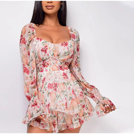 FashionSierra - 2025 Square Collar Lace Up Floral Mini Dress