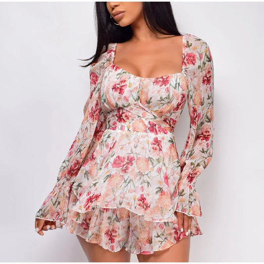 FashionSierra - 2025 Square Collar Lace Up Floral Mini Dress