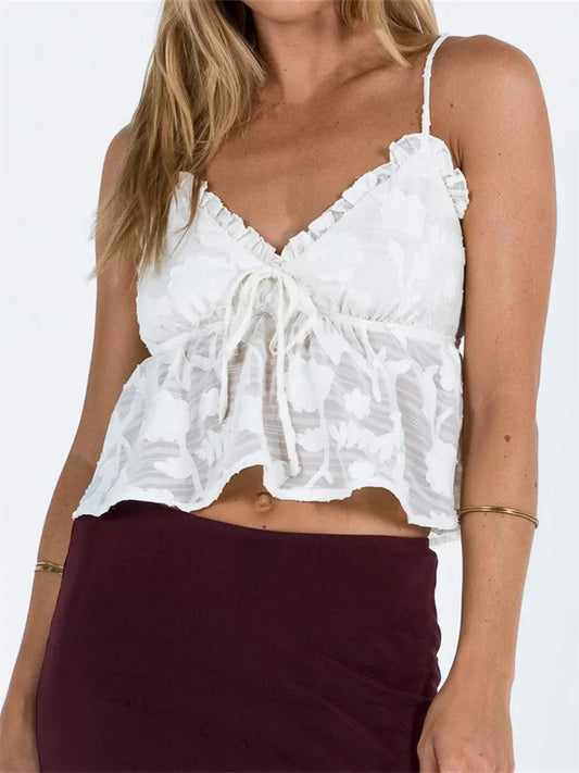 FashionSierra - 2025 Lace Floral Strap Camis Party Clubwear Sexy V-neck Tie-up White Solid Tank Vest Crop Tops