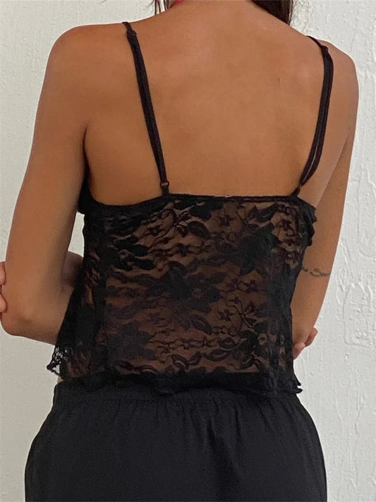 FashionSierra - 2025 Lace Camis Spaghetti Strap Irregular Hem Tank V-neck Mesh See Through Summer Vest Crop Tops