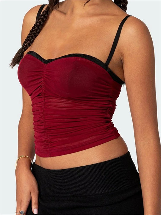 FashionSierra - 2025 Patchwork Mesh Camis Ruched Spaghetti Strap Sleeveless Tank Summer Mini Vest Streetwear  Crop Tops