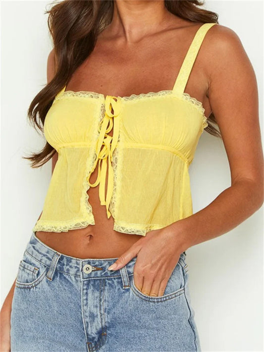 FashionSierra - 2025 Basic Ruffles Lace Trim Casual Sleeveless Strap Tie-up Tank Streetwear Clubwear  Crop Tops