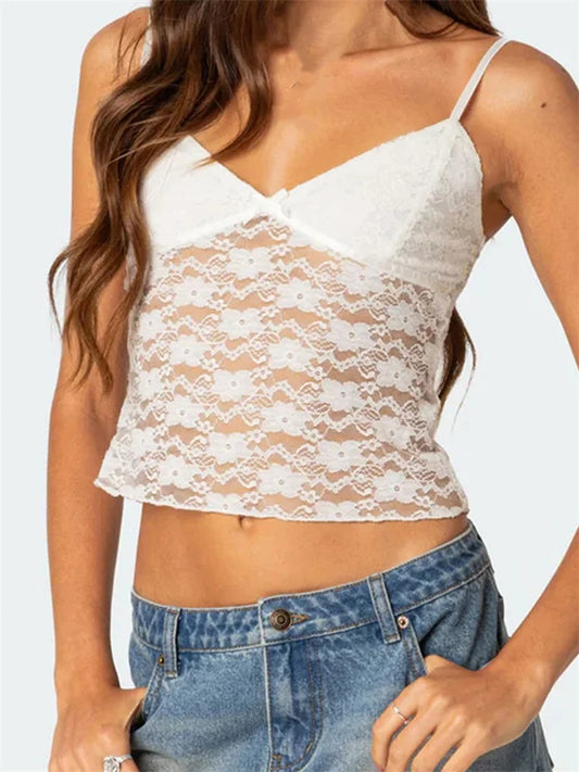 FashionSierra - 2025 Floral Lace Camis Summer Backless Spaghetti Strap Tank Sleeveless Mini Vest for Streetwear Clubwear Crop Tops