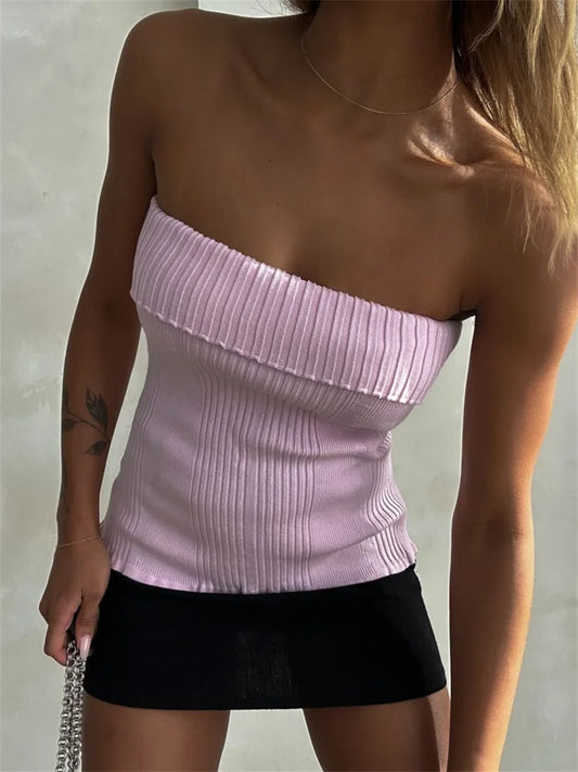 FashionSierra - 2025 Knitted Ribbed Solid Summer Casual Sleeveless Backless Off Shoulder Vests Club Streetwear Crop Tops