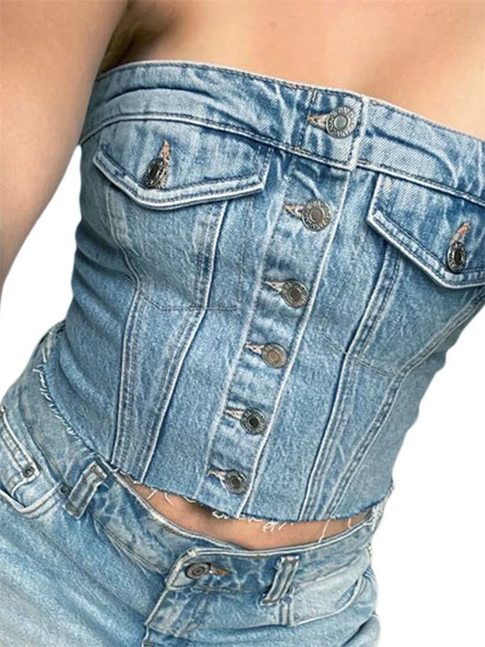 FashionSierra - 2025 Sexy Tube Sleeveless Buttons Up Bustiers Corsets Denim Off Shoulder Cropped Tank Mini Vest  Crop Tops